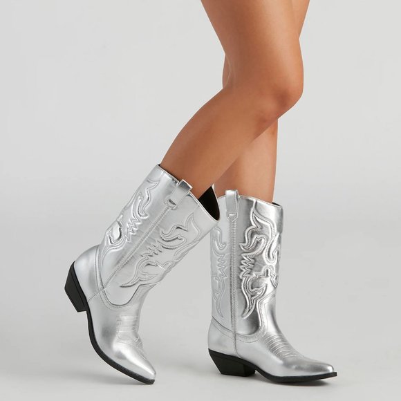 NEW🔥 Silver Pointed Toe Pull-On Mid-Calf Cowboy Cowgirl Western Boot Block Heel - Picture 3 of 6